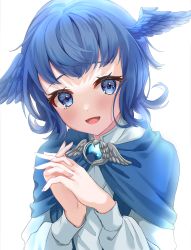 Rule 34 | 1girl, blue capelet, blue eyes, blue hair, brooch, capelet, chosu, commentary, feathered wings, final fantasy, final fantasy xiv, hands up, head wings, highres, interlocked fingers, jewelry, looking at viewer, meteion, open mouth, own hands clasped, own hands together, short hair, simple background, smile, solo, upper body, white background, wings