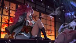 Rule 34 | 1girl, animal, baiken, black jacket, blood, breasts, cherry blossoms, facial mark, fish, guilty gear, guilty gear strive, house, jacket, jacket on shoulders, japanese clothes, kimono, koi, large breasts, long hair, looking at viewer, moon, night, night sky, open clothes, open kimono, petals, phamoz, pink hair, red hair, sandals, sash, scar, scar across eye, scar on face, sitting, skull print, sky, smoke, smoking pipe, solo, thighs, water