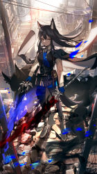 Rule 34 | 00kashian00, 1girl, absurdres, animal ear fluff, animal ears, arknights, black hair, black jacket, black pantyhose, black vest, blue fire, blue gloves, blue necktie, blue shorts, boots, closed mouth, collared shirt, dual wielding, fingerless gloves, fire, flaming sword, flaming weapon, full body, gloves, highres, holding, holding sword, holding weapon, jacket, jacket on shoulders, pantyhose under shorts, long hair, necktie, pantyhose, shirt, shorts, solo, sword, tail, texas (arknights), texas the omertosa (arknights), vest, weapon, white footwear, white shirt, wolf, wolf ears, wolf girl, wolf tail, yellow eyes