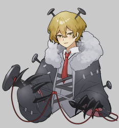 Rule 34 | 1boy, absurdres, blonde hair, collared shirt, dokgo die docta (d o t), e.g.o (project moon), fur-trimmed jacket, fur trim, grey jacket, grey sweater vest, hair between eyes, highres, holding, holding nail, jacket, limbus company, looking at viewer, nail, necktie, parted lips, paw sleeves, project moon, red necktie, shirt, sinclair (project moon), solo, string, sweater vest, upper body, white shirt, yellow eyes