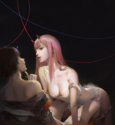 Rule 34 | 10s, 1boy, 1girl, bare shoulders, black hair, blue horns, breasts, cleavage, clothes pull, commentary request, couple, darling in the franxx, fringe trim, green eyes, hand on another&#039;s face, hetero, hiro (darling in the franxx), horns, long hair, looking at another, medium breasts, military, military uniform, nightgown, no bra, oni horns, panties, panty pull, pink hair, red horns, shirt down, shirt pull, short hair, shorts, shorts pull, sitting, sleeveless, underwear, uniform, vnug7855, white panties, zero two (darling in the franxx)