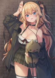 Rule 34 | 1girl, akai haato, animal ear headphones, animal ears, arm up, bare shoulders, black choker, black jacket, black skirt, blonde hair, blue eyes, bow, breasts, brick wall, cat ear headphones, choker, cleavage, commentary request, cowboy shot, doll, earrings, fake animal ears, gluteal fold, haaton (akai haato), hair bow, hair ornament, hair ribbon, headphones, heart, heart choker, high-waist skirt, highres, holding, holding doll, hololive, jacket, jewelry, large breasts, long hair, long sleeves, looking at viewer, magowasabi, miniskirt, nail polish, off shoulder, open clothes, open jacket, open mouth, plaid, plaid skirt, pleated skirt, red bow, red ribbon, ribbon, shirt, signature, skirt, sleeveless, sleeveless shirt, solo, standing, thighhighs, twitter username, two side up, virtual youtuber, white shirt, white thighhighs, x hair ornament