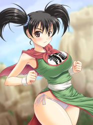 Rule 34 | 1girl, :&lt;, abu, black hair, blush, breasts, chunsoft, curvy, dragon quest, dragon quest iii, enix, fighter (dq3), hip focus, large breasts, panties, side-tie panties, solo, twintails, underwear, wide hips, wristband