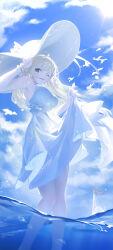 Rule 34 | 1girl, absurdres, bird, blonde hair, blue sky, boat, breasts, cloud, commentary request, day, dress, facing viewer, feet out of frame, future cake, hat, hat tug, highres, jingburger, korean commentary, large breasts, long hair, looking down, looking to the side, ocean, one eye closed, outdoors, parted lips, partially underwater shot, red eyes, skirt hold, sky, solo, summer, sun, sun hat, virtual youtuber, wading, waktaverse, watercraft, white bird, white dress, white hat