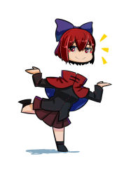 Rule 34 | 1girl, ^^^, blush stickers, bow, cape, disembodied head, full body, hair bow, hashiro, long sleeves, pleated skirt, red eyes, red hair, sekibanki, short hair, shrugging, simple background, skirt, smile, solo, standing, standing on one leg, touhou, white background