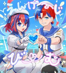 Rule 34 | 1boy, 1girl, absurdres, alear (female) (fire emblem), alear (fire emblem), alear (male) (fire emblem), blue eyes, blue hair, blue sky, dress, fire emblem, fire emblem engage, gloves, hair between eyes, hat, heart, heart hands, heart hands duo, heterochromia, highres, looking at viewer, multicolored hair, nintendo, open mouth, red eyes, red hair, sailor collar, sailor dress, sailor hat, sailor shirt, sakura no yoru, shirt, short hair, sky, smile, thighhighs, two-tone hair, white gloves