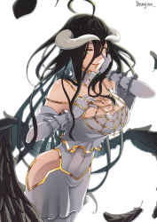 Rule 34 | 1girl, ahoge, albedo (overlord), bare shoulders, black hair, breasts, cleavage, cowboy shot, demon girl, detached collar, dress, eyelashes, feathered wings, female focus, gloves, hair between eyes, hand on own cheek, hand on own chest, hand on own face, highres, hip vent, horns, jewelry, large breasts, long hair, looking at viewer, low wings, overlord (maruyama), simple background, slit pupils, smile, solo, standing, very long hair, white background, white dress, wings, yanagino (yanagino3), yellow eyes