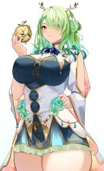 Rule 34 | absurdres, antlers, apple, braid, braided bangs, breasts, ceres fauna, cleavage cutout, clothing cutout, cromwellb, dress, fake antlers, flower, food, fruit, golden apple, green dress, green flower, green hair, hair flower, hair ornament, hair over one eye, highres, hololive, hololive english, horns, large breasts, single braid, solo, sticks, thighs, virtual youtuber, white background, white flower, yellow eyes