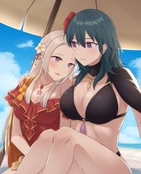 Rule 34 | bikini, blue hair, blush, breasts, byleth (female) (fire emblem), byleth (fire emblem), cape, cleavage, edelgard von hresvelg, fire emblem, fire emblem: three houses, fire emblem heroes, flower, hair flower, hair ornament, hibiscus, highres, inuzuka nr, jewelry, large breasts, long hair, medium hair, necklace, nintendo, official alternate costume, purple eyes, swimsuit, white hair, yuri