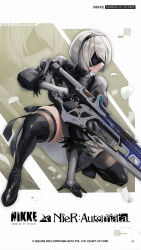 Rule 34 | 1girl, 2b (nier:automata), artist request, bayonet, black blindfold, black dress, blindfold, boots, clothing cutout, covered eyes, crossover, dress, feather-trimmed sleeves, gloves, goddess of victory: nikke, grid background, gun, hands on ground, highres, holding, holding gun, holding weapon, long sleeves, mole, mole under mouth, nier:automata, nier (series), official art, panties, short hair, solo, taking cover, thick thighs, thighhighs, thighhighs under boots, thighs, underwear, weapon, white hair