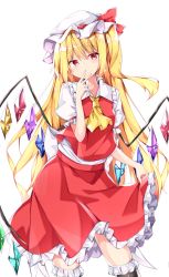Rule 34 | 1girl, alternate hair length, alternate hairstyle, ascot, black legwear, blonde hair, bow, breasts, collar, commentary, crystal, feet out of frame, finger to mouth, flandre scarlet, frilled collar, frilled sleeves, frills, hair between eyes, hat, hat bow, highres, long hair, looking at viewer, mob cap, puffy short sleeves, puffy sleeves, red bow, red eyes, red skirt, red vest, sabana, shirt, short sleeves, simple background, skirt, skirt hold, skirt set, small breasts, solo, touhou, vest, white background, white hat, white shirt, wings, yellow ascot