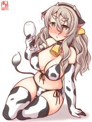 Rule 34 | 1girl, alcohol, alternate costume, animal ears, animal print, artist logo, bell, bikini, breasts, brown eyes, cleavage, commentary request, cow ears, cow horns, cow print, cow print bikini, cow tail, cowbell, cup, dated, drinking glass, drunk, elbow gloves, fake animal ears, fake horns, front-tie top, full body, gloves, grey hair, hair between eyes, horns, kanon (kurogane knights), kantai collection, large breasts, looking at viewer, one-hour drawing challenge, pola (kancolle), print bikini, simple background, sitting, solo, squeans, swimsuit, tail, thick eyebrows, thighhighs, wavy hair, white background, white bikini, white gloves, white thighhighs, wine, wine glass, yokozuwari
