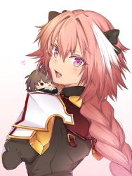 Rule 34 | 1boy, armor, armored dress, astolfo (fate), black ribbon, braid, character doll, daisuke1005, fang, fate/apocrypha, fate (series), hair between eyes, hair ornament, highres, long braid, long hair, looking at viewer, male focus, multicolored hair, pink eyes, pink hair, purple hair, ribbon, sieg (fate), single braid, solo, trap, turtleneck, two-tone hair, very long hair