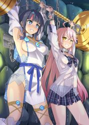 Rule 34 | 2girls, ahoge, arms up, barbell, bare shoulders, bdsm, black hair, blue eyes, blue ribbon, blue skirt, blush, bondage, bound, bow, bowtie, breasts, chain, cleavage, clenched teeth, collar, collared shirt, cuffs, detached leggings, dress, fate/grand order, fate/requiem, fate (series), fundoshi, highres, japanese clothes, jewelry, karin (fate), large breasts, leggings, long hair, long sleeves, magatama, magatama hair ornament, magatama necklace, medium breasts, medium hair, metal collar, multicolored hair, multiple girls, necklace, pelvic curtain, pink hair, puffy long sleeves, puffy sleeves, restrained, ribbon, seigaiha, shackles, shimouki izui, shirt, short dress, sideboob, sideless outfit, sidelocks, skirt, slave, streaked hair, tearing up, teeth, thighs, utsumi erice, white dress, white leggings, white shirt, yellow eyes