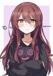 Rule 34 | 1girl, black hoodie, blush, brown hair, commentary request, hugging doll, gougoku, hair between eyes, highres, hood, hoodie, idolmaster, idolmaster shiny colors, long hair, looking at viewer, hugging object, osaki tenka, pout, purple background, sleeves past wrists, solo, stuffed toy, translation request, upper body, yellow eyes