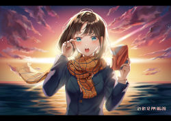 Rule 34 | 1girl, :o, blazer, blue eyes, blush, bob cut, brown hair, crying, crying with eyes open, dated, gift, hand in own hair, helawid, jacket, letterboxed, long hair, looking at viewer, orange scarf, original, outdoors, parted bangs, scarf, school uniform, solo, sunlight, tears, twilight, uniform, upper body, wind