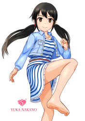 Rule 34 | 1girl, absurdres, arm at side, artist request, barefoot, belt, belted dress, black hair, brown eyes, character name, clenched hand, collarbone, denim, denim jacket, dress, eyelashes, feet, female focus, fighting stance, fingernails, hand up, happy, highres, idolmaster, idolmaster cinderella girls, jacket, jewelry, leg up, legs, long hair, long twintails, looking at viewer, low twintails, multiple views, nakano yuka, namco, neck, necklace, open clothes, open jacket, sidelocks, simple background, smile, soles, standing, standing on one leg, star (symbol), star necklace, striped clothes, striped dress, thighs, toes, turnaround, twintails, white background, wristband