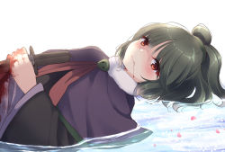 Rule 34 | 1other, adagumo no saragimaru, androgynous, blood, blood from mouth, capelet, flower on liquid, green hair, highres, len&#039;en, lying on water, ougi hina, partially submerged, red eyes, shallow water, short hair, side ponytail, sword, water, weapon