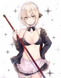 Rule 34 | 1girl, apron, artoria pendragon (alter swimsuit rider) (fate), artoria pendragon (alter swimsuit rider) (second ascension) (fate), artoria pendragon (fate), bare shoulders, bikini, bikini top only, black bikini, black bow, black jacket, black skirt, bow, breasts, closed mouth, collarbone, cowboy shot, fate/grand order, fate (series), fingernails, frilled apron, frilled bikini, frilled bikini top, frilled skirt, frills, groin, hair between eyes, hair bow, hand on own hip, highres, jacket, light brown hair, maid, maid bikini, maid day, maid headdress, medium breasts, navel, off shoulder, open clothes, open jacket, short hair, sidelocks, simple background, skirt, sofra, solo, sparkle, swimsuit, unconventional maid, waist apron, white apron, white background, yellow eyes