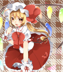 Rule 34 | 1girl, :d, abe suke, blonde hair, blush, bow, bowtie, checkered background, cowboy shot, flandre scarlet, hair between eyes, hat, hat bow, highres, long hair, looking at viewer, mob cap, open mouth, pointy ears, red bow, red bowtie, red skirt, short sleeves, side ponytail, signature, skirt, skirt set, slit pupils, smile, solo, touhou, white hat, yellow eyes