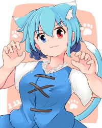 Rule 34 | 1girl, absurdres, animal ear fluff, animal ears, blue eyes, blue hair, blue skirt, blue vest, border, breasts, cat day, cat ears, cat tail, claw pose, commentary, dated, debaa, fang, hair between eyes, hands up, head tilt, heterochromia, highres, kemonomimi mode, large breasts, looking at viewer, outside border, paw print, pink background, red eyes, shirt, short sleeves, simple background, skirt, skirt set, smile, solo, tail, tatara kogasa, touhou, upper body, vest, white border, white shirt