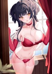 Rule 34 | 1girl, black hair, bra, breasts, brown eyes, choker, cleavage, collarbone, commentary, cowboy shot, curtains, elbow gloves, gloves, highres, idolmaster, idolmaster shiny colors, indoors, lace, lace-trimmed bra, lace trim, large breasts, lingerie, long hair, looking at viewer, mayuzumi fuyuko, navel, panties, red bra, red choker, red gloves, red panties, solo, standing, stomach, sutoroa, two side up, underwear