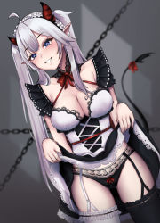 Rule 34 | 1girl, absurdres, ahoge, alternate costume, asymmetrical legwear, black panties, blue eyes, blurry, blurry background, bow, bow panties, bra, breasts, chain, cleavage, clenched teeth, clothes lift, collar, collarbone, demon girl, demon horns, demon tail, dress, dress lift, enmaided, frilled collar, frilled dress, frilled legwear, frilled sleeves, frills, garter belt, hair between eyes, highres, horns, lace, lace-trimmed bra, lace-trimmed panties, lace trim, lifting own clothes, lighto, lingerie, long hair, looking away, maid, maid headdress, open mouth, panties, solo, tail, teeth, underwear, vei (vtuber), vei (vtuber) (4th costume), virtual youtuber, vshojo, white hair