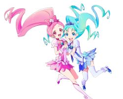 Rule 34 | 10s, 2girls, :d, bad id, bad pixiv id, blue eyes, blue hair, brooch, choker, cure blossom, cure marine, hanasaki tsubomi, heart, heart brooch, heartcatch precure!, holding hands, jewelry, kurumi erika, long hair, looking at viewer, magical girl, multiple girls, open mouth, ozaki (nattohda), pink eyes, pink hair, ponytail, precure, simple background, skirt, smile, thighhighs, white background, white legwear, zettai ryouiki