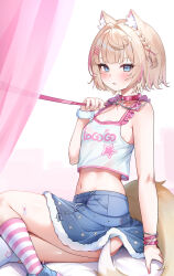 1girl animal_ear_fluff animal_ears blonde_hair blue_eyes blush braid bu_leike casual collar commentary crop_top dog_ears dog_girl dog_tail frills fur_trim hair_ornament hairclip highres hololive hololive_english leash looking_at_viewer midriff mococo_abyssgard mococo_abyssgard_(3rd_costume) multicolored_hair navel official_alternate_costume pink_hair pink_nails short_hair sitting skirt socks solo streaked_hair striped_clothes striped_socks symbol-only_commentary tail virtual_youtuber