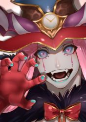 Rule 34 | 1boy, arms up, blue eyes, blue lips, cape, center opening, clock, colored skin, curly hair, demon boy, fangs, fate/grand order, fate (series), fur-trimmed cape, fur collar, fur trim, gao, hat, headpiece, highres, horns, lipstick, long hair, loveyama, makeup, male focus, mephistopheles (fate), multicolored eyes, open mouth, pink hair, purple eyes, signature, solo, teardrop, thick eyebrows, white skin