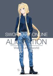 Rule 34 | 1girl, alice zuberg, blonde hair, blue eyes, blue jacket, boots, bow, copyright name, denim, hair bow, hands in pockets, highres, jacket, jeans, long hair, open clothes, open jacket, pants, sidelocks, simple background, solo, sword art online, sword art online: alicization, tokuoka kouhei, two-tone background, very long hair