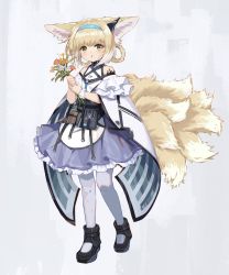 Rule 34 | 1girl, :o, absurdres, animal ear fluff, animal ears, apron, arknights, bare shoulders, black footwear, blouse, blue flower, blue hairband, bouquet, braid, braided hair rings, flower, fox ears, fox girl, fox tail, frilled skirt, frills, full body, hair rings, hairband, highres, holding, holding bouquet, infection monitor (arknights), kgt (pixiv12957613), kitsune, light brown hair, looking at viewer, material growth, multicolored hair, oripathy lesion (arknights), pantyhose, parted lips, pleated skirt, purple skirt, red flower, shirt, shoes, sidelocks, skirt, solo, standing, suzuran (arknights), tail, twin braids, two-tone hair, waist apron, white apron, white hair, white pantyhose, white shirt