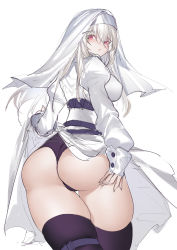 1girl, absurdres, ass, ass focus, ass support, black legwear, blush, closed mouth, erect nipples, eyebrows visible through hair, eyes visible through hair, hair between eyes, highres, horz, long hair, looking back, nun, original, puffy sleeves, purple eyes, simple background, sketch, sleeves past wrists, solo, thigh strap, thighhighs, white background, white hair, white theme