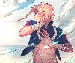 Rule 34 | 10s, 1boy, aged down, all might, bad id, bad twitter id, bandaged arm, bandages, blonde hair, boku no hero academia, cuts, fighting stance, injury, male focus, navel, open clothes, school uniform, smoke, solo, tiles, toned, toned male, u.a. school uniform, upper body, yagi toshinori