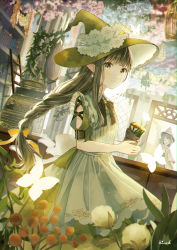 Rule 34 | 2girls, absurdres, artist name, braid, bug, butterfly, commentary, dress, dutch angle, earrings, floating hair, flower, flower earrings, green eyes, green hair, green headwear, green ribbon, grey dress, hair ribbon, hat, highres, holding, holding plant, indoors, insect, jewelry, kirari 0810, ladder, long hair, looking at viewer, multiple girls, neck ribbon, original, plant, pointy ears, ribbon, short sleeves, solo focus, symbol-only commentary, witch hat, yellow ribbon