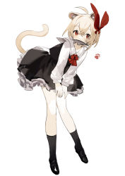 Rule 34 | 1girl, absurdres, animal ear fluff, animal ears, black dress, black footwear, black socks, blonde hair, bow, cat ears, cat girl, cat tail, collared shirt, commentary, dress, eyebrows hidden by hair, fish, food in mouth, frilled dress, frills, full body, hair between eyes, highres, kemonomimi mode, leaning forward, loafers, long sleeves, looking at viewer, mouth hold, red bow, red eyes, rumia, sh (shinh), shirt, shoes, simple background, socks, solo, standing, tail, touhou, white background, white shirt