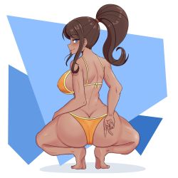 Rule 34 | 1girl, absurdres, asahina aoi, ass, bikini, blue eyes, blush, breasts, brown hair, butt crack, danganronpa (series), dark-skinned female, dark skin, highres, large breasts, looking back, shiny skin, simple background, solo, squatting, swimsuit, tongue, tongue out, young savage