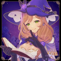 Rule 34 | 1girl, black gloves, book, breasts, cleavage, closed mouth, commentary request, earrings, flower, genshin impact, gloves, green eyes, hair flower, hair ornament, hands up, hat, highres, holding, holding book, jewelry, karanashi mari, light brown hair, lisa (genshin impact), long hair, looking at viewer, medium breasts, purple flower, purple hat, purple rose, rose, smile, solo, upper body, witch hat