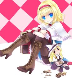 Rule 34 | 1girl, 515m, alice margatroid, black pantyhose, blonde hair, blue eyes, blush, book, boots, capelet, character doll, cookie, cross-laced footwear, female focus, food, hairband, high heel boots, high heels, kirisame marisa, looking at viewer, pantyhose, short hair, sitting, smile, solo, thighband pantyhose, thumbprint cookie, touhou, wrist cuffs