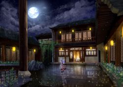 Rule 34 | 1girl, absurdres, boots, building, cloud, dress, from behind, full body, full moon, highres, japanese house, japanese lanterns, kishin sagume, ko kita, lantern, light particles, long sleeves, moon, moonlight, night, night sky, plant, reflection, reflective floor, reflective water, scenery, short hair, silver hair, single wing, sky, solo, touhou, wide shot, wings