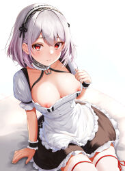 Rule 34 | 1girl, absurdres, anchor choker, apron, arm support, azur lane, black dress, blush, breasts, ca paria, cleavage, closed mouth, collarbone, commentary request, dress, frilled apron, frilled dress, frills, hair between eyes, hairband, highres, lace-trimmed hairband, lace trim, large breasts, looking at viewer, nipple slip, nipples, red eyes, short hair, short sleeves, simple background, sirius (azur lane), sitting, solo, thighhighs, two-tone dress, white apron, white background, white hair, white thighhighs, wrist cuffs