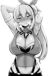 Rule 34 | 1girl, armpits, arms behind head, blush, breasts, cleavage, elbow gloves, gloves, greyscale, hair ribbon, heavy breathing, highres, kanno takanori, large breasts, licking lips, long hair, looking at viewer, midriff, mirai akari, mirai akari project, monochrome, monochrome, naughty face, navel, nose blush, ribbon, side ponytail, simple background, solo, sweat, tongue, tongue out, virtual youtuber, white background