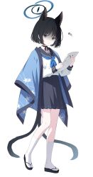 Rule 34 | 1girl, :o, absurdres, animal ears, black choker, black footwear, black hair, black nails, black sailor collar, black skirt, blue archive, blue neckerchief, brown eyes, cat ears, cat girl, cat tail, choker, forked tail, full body, highres, holding, jyt, kikyou (blue archive), long sleeves, looking at viewer, nail polish, neckerchief, parted bangs, parted lips, pleated skirt, puffy long sleeves, puffy sleeves, sailor collar, sandals, school uniform, serafuku, shaded face, shirt, short hair, simple background, skirt, socks, solo, tail, translated, walking, white background, white shirt, white socks, zouri