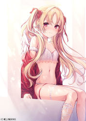 Rule 34 | 1girl, arm strap, bare shoulders, blonde hair, bow, bra, breasts, choker, closed mouth, crying, crying with eyes open, feet out of frame, hair bow, jacket, komeshiro kasu, lace trim, lingerie, long hair, looking at viewer, melonbooks, navel, off shoulder, open clothes, open jacket, original, panties, pointy ears, red eyes, red jacket, sidelocks, sitting, small breasts, solo, stomach, tears, thigh strap, thighs, twintails, underwear, white bra, white panties