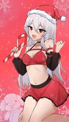 Rule 34 | 1girl, :d, armband, bad id, bad pixiv id, bare legs, bare shoulders, black choker, breasts, candy, candy cane, choker, christmas, cleavage, collarbone, commentary, crossed bangs, detached sleeves, english commentary, eyelashes, feet out of frame, feint721, food, grey hair, hair between eyes, hair over shoulder, hand up, hat, highres, holding, holding candy, holding candy cane, holding food, index finger raised, kneeling, knees together feet apart, long hair, navel, open mouth, original, red background, red skirt, santa hat, sidelocks, simple background, skirt, small breasts, smile, snowflake print, snowflakes, solo, sparkle background, stuffed animal, stuffed rabbit, stuffed toy, teeth, thick eyelashes, thighs, tongue, upper teeth only