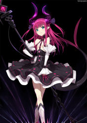 Rule 34 | 10s, 1girl, artist name, asymmetrical horns, black background, blue eyes, boots, breasts, crossed legs, detached sleeves, diamond (shape), dragon girl, dragon horns, dragon tail, dress, elizabeth bathory (fate), elizabeth bathory (fate/extra ccc), elizabeth bathory (first ascension) (fate), fame peera, fate/extra, fate/extra ccc, fate/grand order, fate (series), hair ribbon, hand on own hip, highres, horns, layered dress, long hair, pink hair, pointy ears, polearm, ribbon, small breasts, solo, spear, tail, two side up, uneven horns, weapon, wrist cuffs