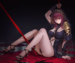 Rule 34 | 1girl, armor, breasts, covered navel, fate/grand order, fate (series), full body, gae bolg (fate), high heels, highres, large breasts, long hair, long legs, looking at viewer, pauldrons, polearm, purple hair, red eyes, scathach (fate), scathach (fate), shoulder armor, siyedidi, solo, spear, veil, weapon