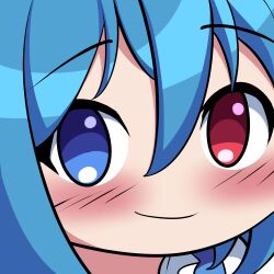 Rule 34 | 1girl, blue eyes, blue hair, blush, bmkro, close-up, closed mouth, commentary, commission, english commentary, heterochromia, looking at viewer, lowres, raised eyebrows, red eyes, smile, solo, tatara kogasa, touhou, transparent background, upper body