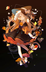 Rule 34 | 1girl, animal ears, ascot, black background, black dress, black footwear, blonde hair, book, cat ears, cat tail, dress, gradient background, hat, highres, holding, holding staff, leaf, medium dress, mushroom, orange ascot, orange background, orange socks, original, shoes, signature, socks, solo, staff, tail, witch, witch hat, yellow eyes, yuzuyomogi