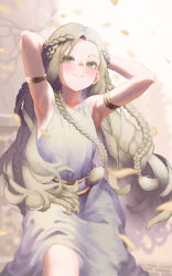 Rule 34 | 1boy, absurdres, armpits, arms behind head, arms up, bare shoulders, blonde hair, blurry, blurry background, blush, braid, dress, ekrea jan, elden ring, falling petals, flat chest, highres, long hair, looking at viewer, miquella (elden ring), outdoors, parted lips, petals, solo, trap, very long hair, white dress, yellow eyes